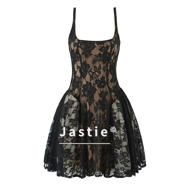 2026 여성 섹시 스퀘어 칼라 민소매 레이스 드레스 베이지 블랙 여름 볼 가운 파티 미니 드레스