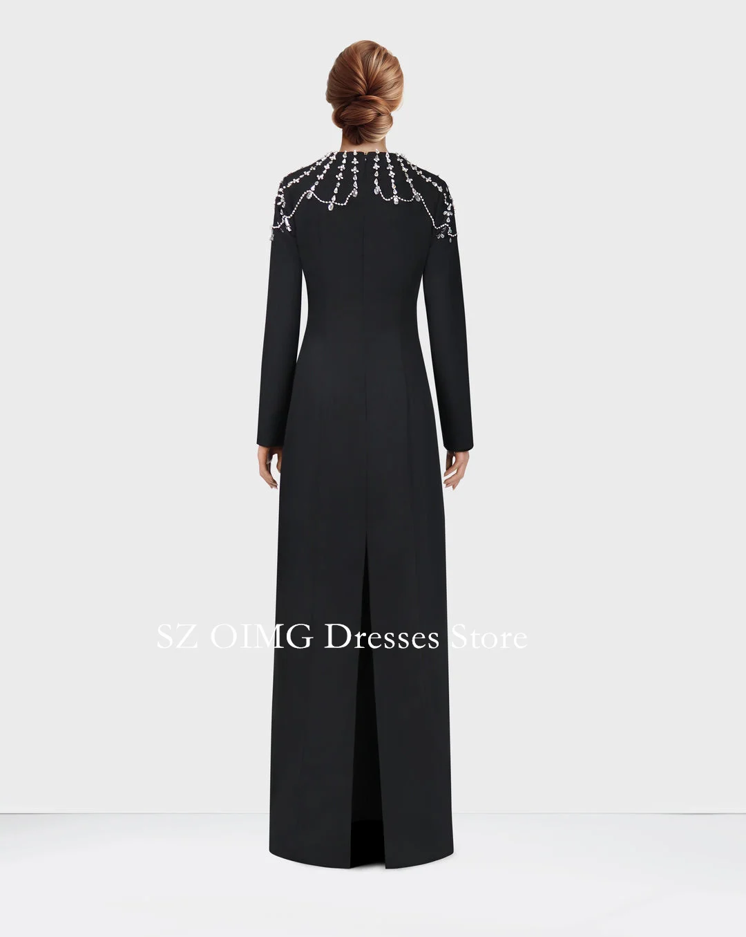 OIMG New Design Square Neck Prom Dresses Saudi Arabic Women Long Sleeves Black Satin Crystals Evening Gowns Formal Party Dress