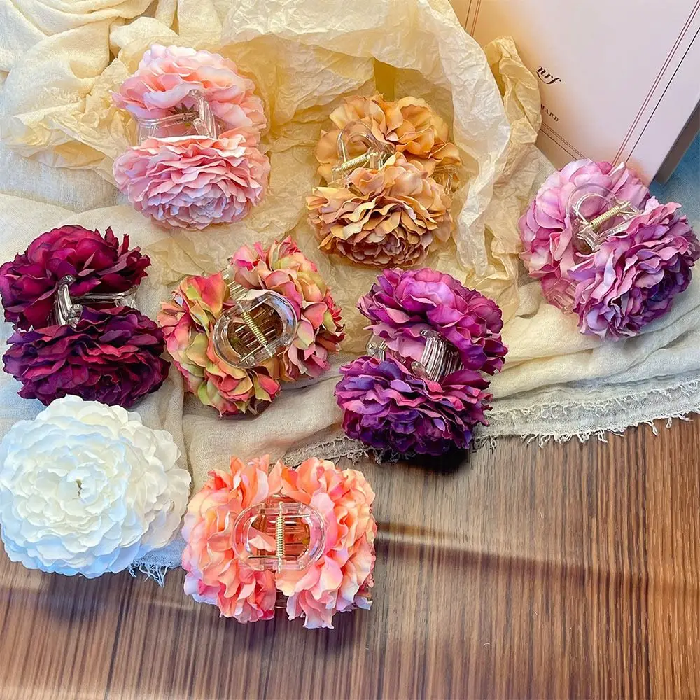 Stylish Elegant Peony Flower Hair Claw Beautiful Simulation Flowers Hair Bun Shark Clips Chic Hair Accessories for Women Girls