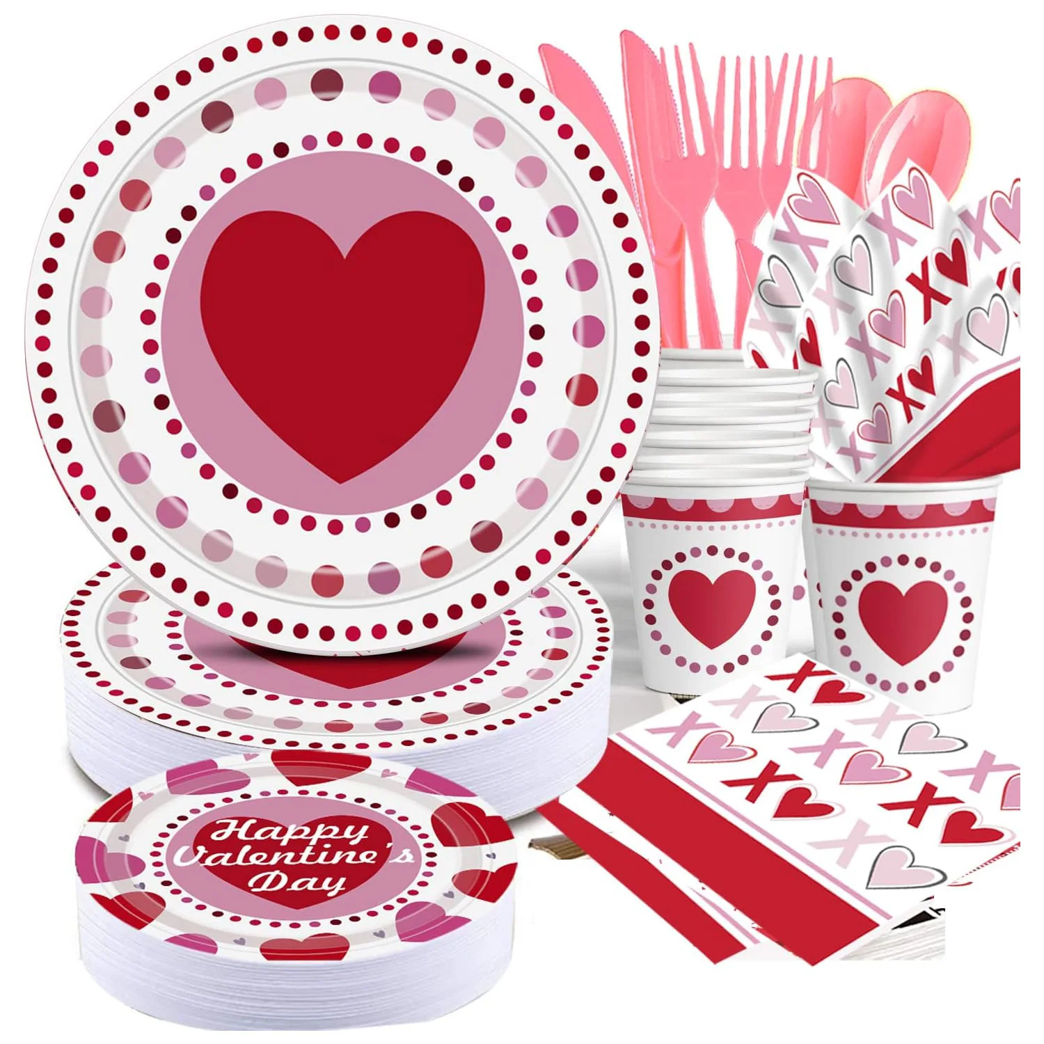 

2025 Valentines Day Paper Plate Tableware Set - 177 pcs Heart and Love Disposable Dinnerware with 2 Tablecloth - Red Paper Plate