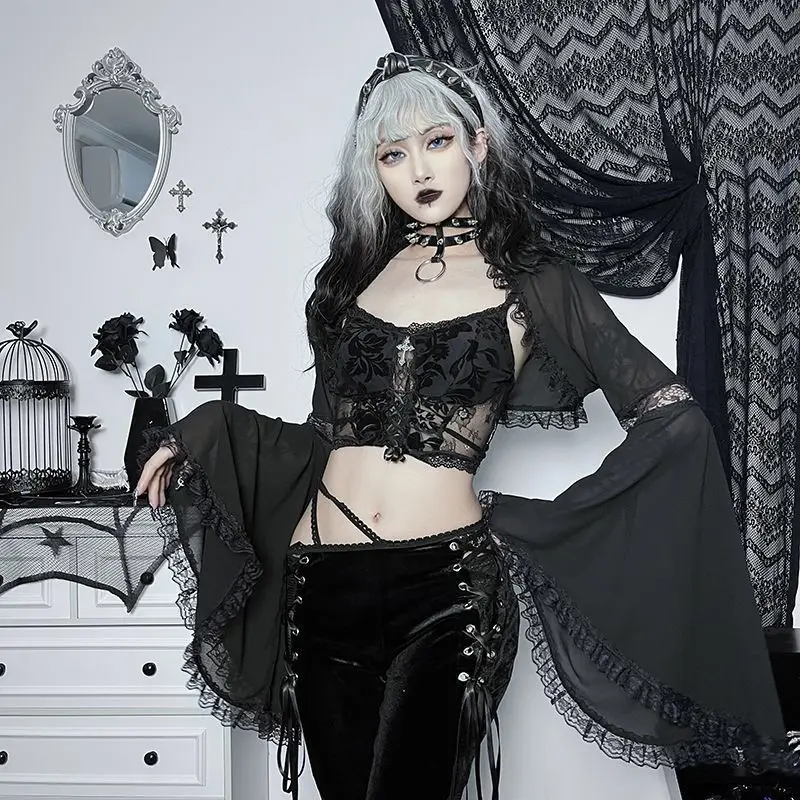 Y2k Dark Gothic Style Long Sleeve Extreme Short Cardigan Women Casual Lolita Cover- Up Top Lace Patchwork Flare Sleeve Slim