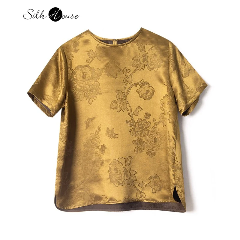 

2025 Women's Fashion Summer New Heavy 100% Natural Mulberry Silk Gambiered Guangdong Gauze Round Neck Short Sleeve T-shirt