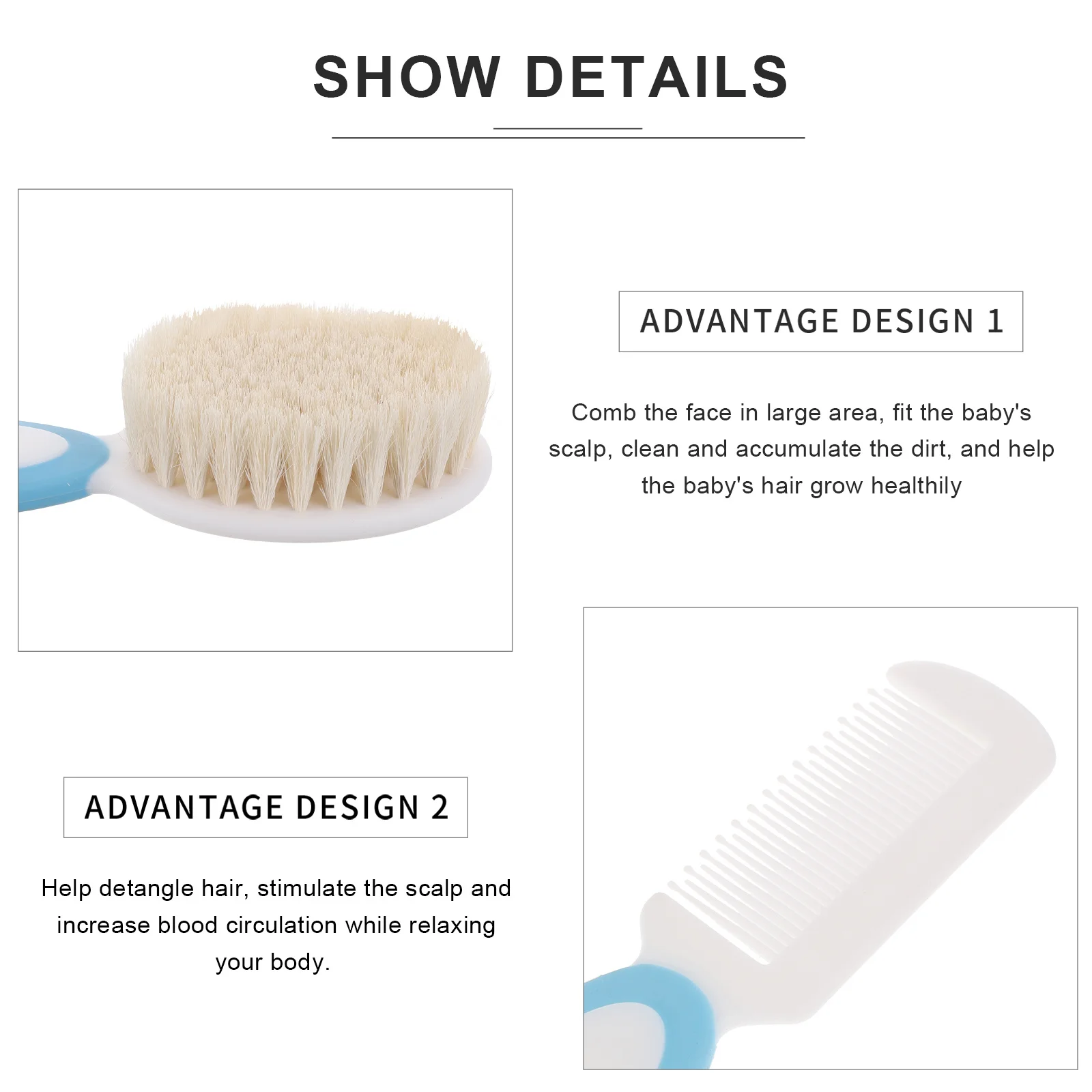

2Pcs Baby Hair Brush Natural Wool Bristles Comfortable Massage Stimulate Scalp Increase Circulation Toddler Kids