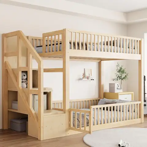 Twin Over Twin Low Bunk Bed with Storage Ladder Natural/L1 | Fence-shaped Guardrails,Space-Saving Solid Wood Bunk, Customized