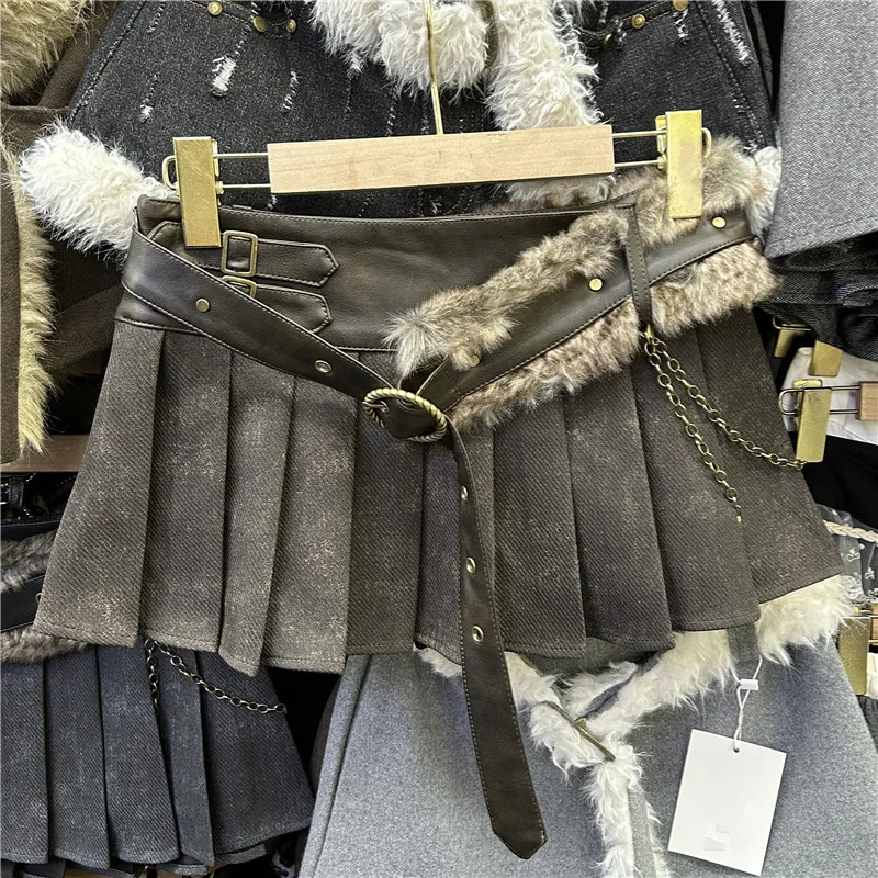 

Skirts Women Sexy Pleated Short Skirt Low Waist Fur Patchwork Sashes A Line Punk Female Streetwear Above Knee Spring 2026