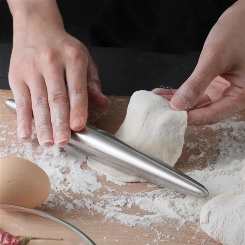 1Pc Stainless Steel Rolling Pin Kitchen Utensils Dough Roller Bake Pizza Noodles Cookie Dumplings Making Non-stick Baking Tool