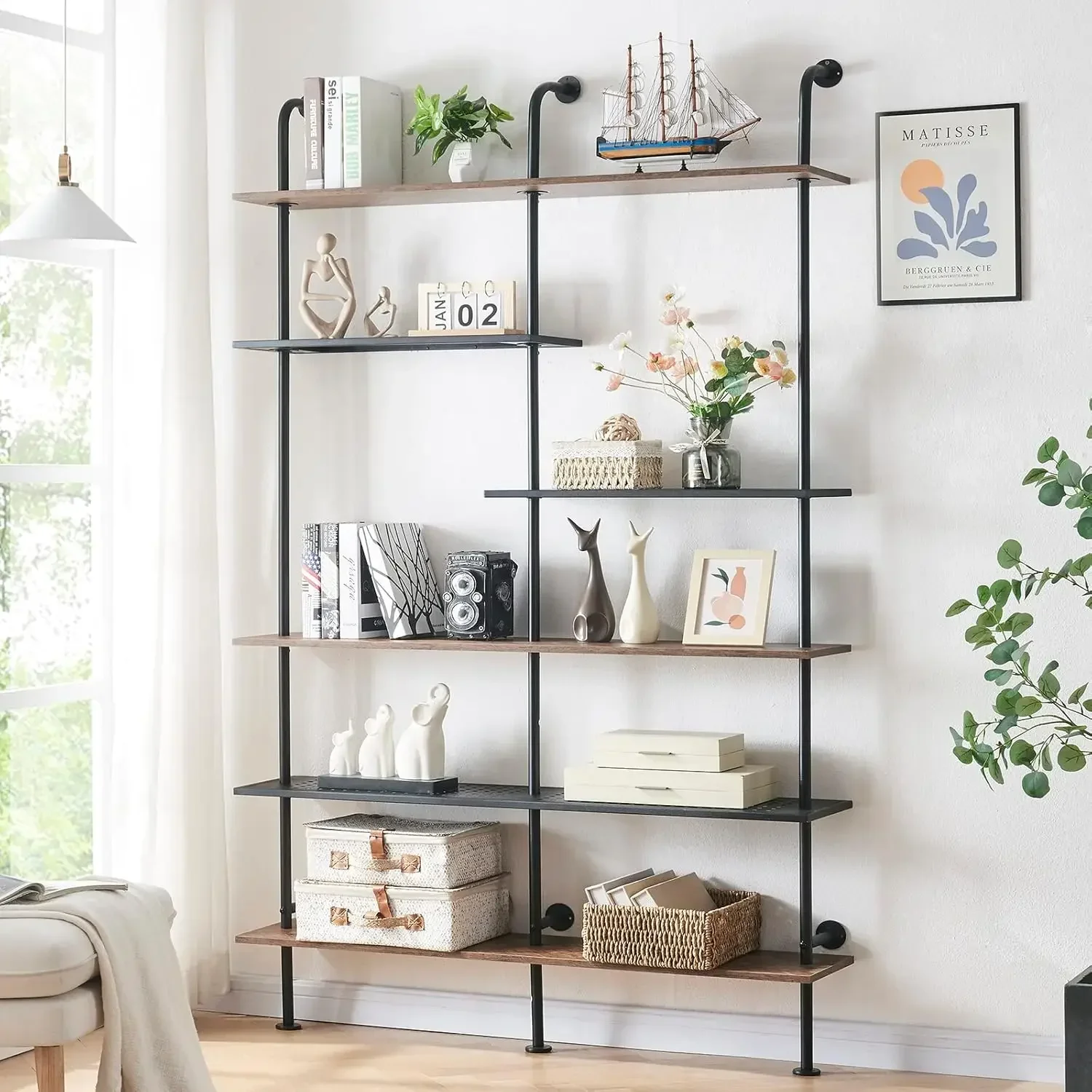 Industrial Bookshelf 6-Tier Open Wall Mount Ladder Bookshelf, Modern Bookcase with Metal Frame and Wood Style for Home Office