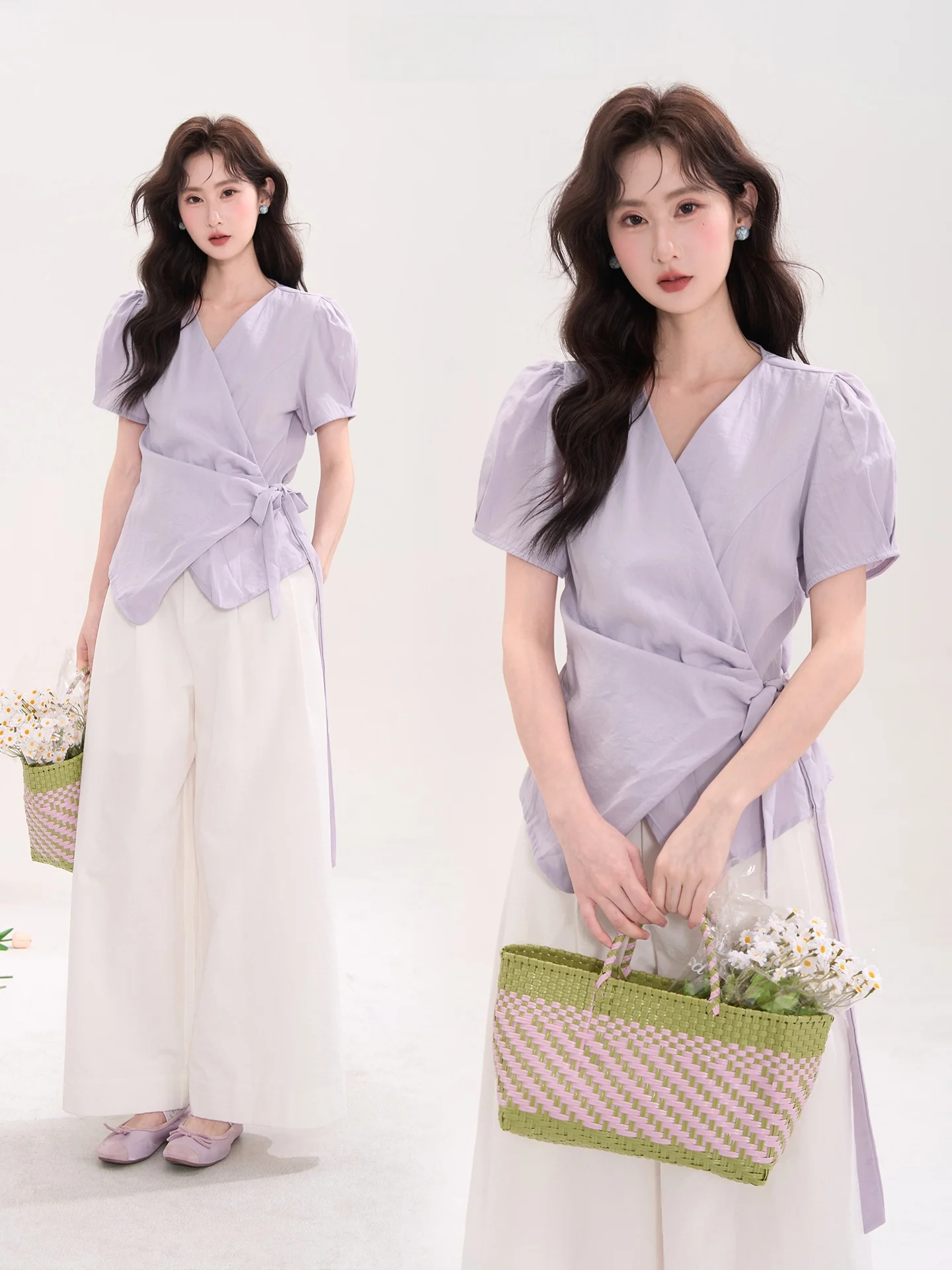 

Summer Garden Cross Tie Design irt V-Ne ort Sve Women's Sweet Sle Slim Fit Cotton Bubble Sve Casual Top