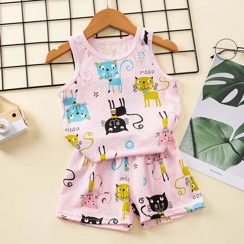 Boys Girls Pajamas New Summer Sleeveless Children\'s Clothing Sleepwear Cotton Pyjamas Sets For Kids 2 4 5 6 8 Years