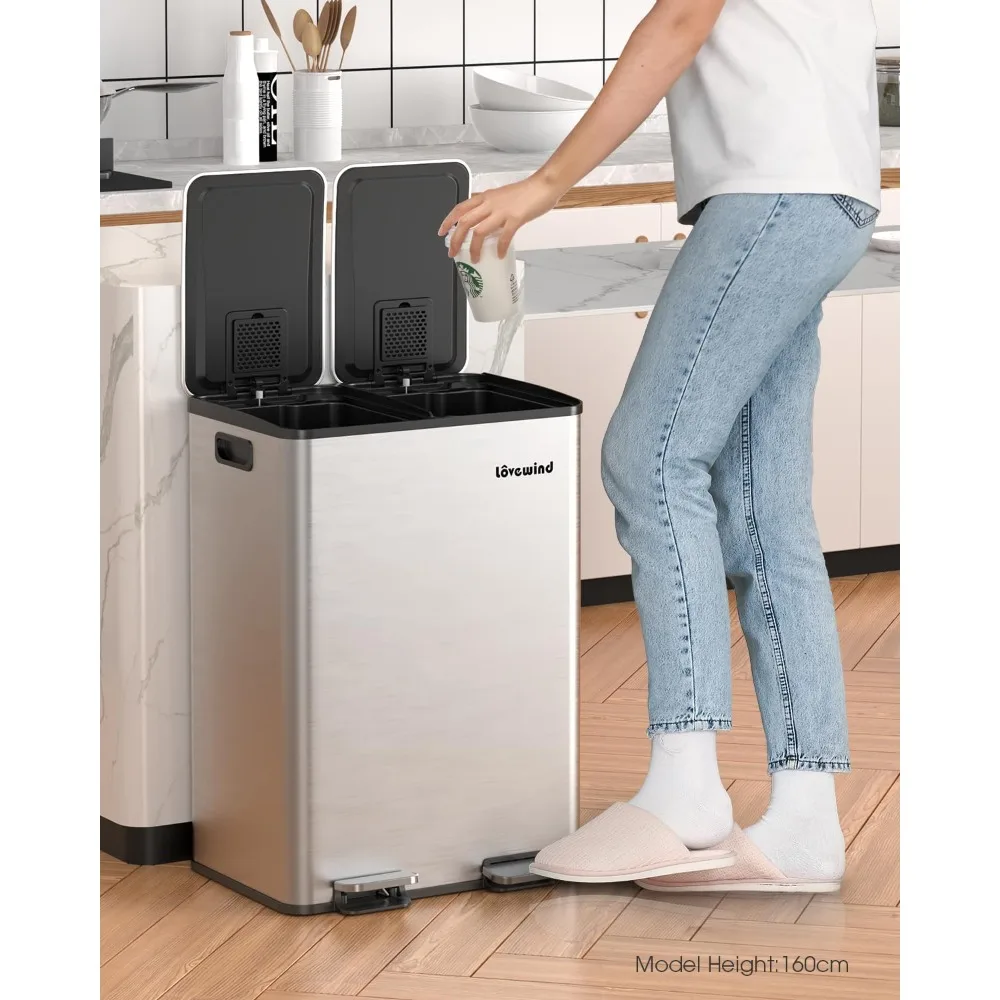 سلة المهملات المزدوجة وصناديق إعادة التدوير للمطبخ، 2 × 8 جالون (2 × 30 لتر) سلة قمامة المطبخ المصنوعة من الفولاذ المقاوم للصدأ مع إغلاق ناعم #6