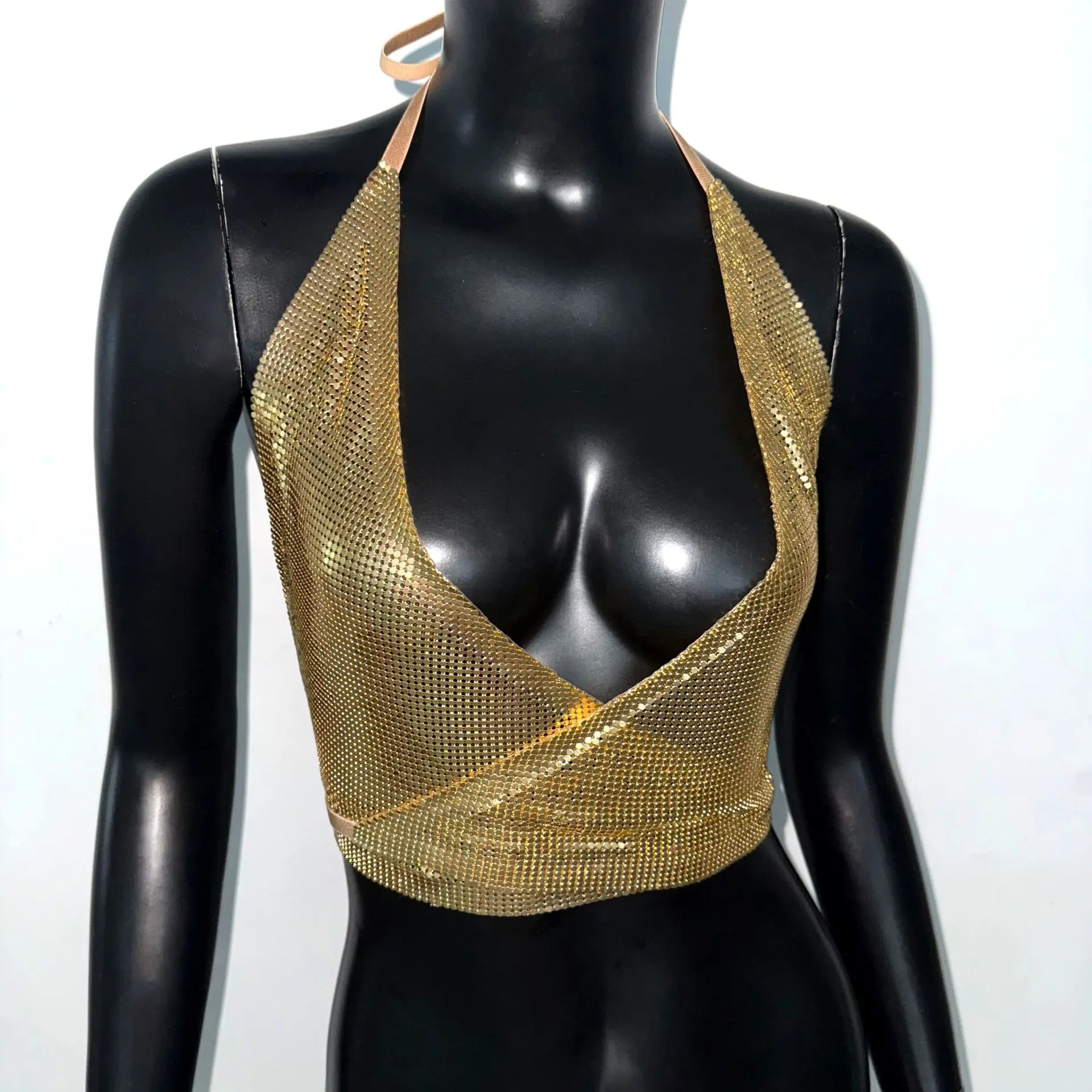 90s Style Women Open Back Cross Front Bikini Top Halterneck Chainmail Bra Metal Mesh Crop Top