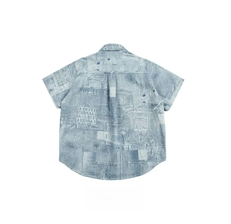 Men's Summer New Retro American Style Blue Patchwork Washed Denim Shirt Letter Design Loose Casual Short Sleeve Shirt