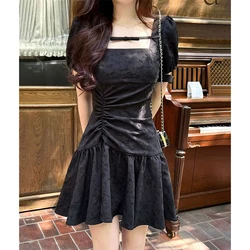 MEXZT Vintage Black Mini Dress Women Y2K Birthday Party Square Collar One Pieces Dresses Korean Puff Sleeve Bodycon Vestidos New