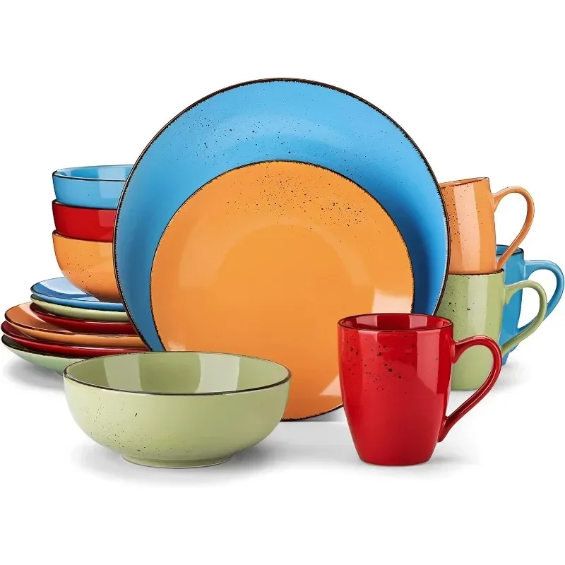 

vancasso Navia Dinnerware Set 16 pieces Colorful Set for 4 Stoneware Spray Spot Patterned Service Dish with Dinner Plates