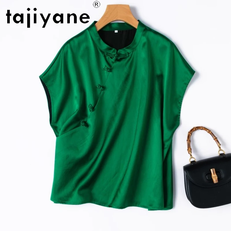 

TAJIYANE 100% Natural Mulberry Silk T Shirts for Woman Luxury Green T-shirt 40MM Loose Summer Tops 2025 Ladies Clothes Футболка