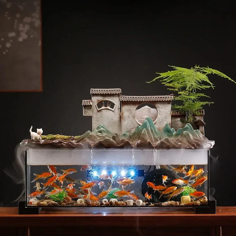A  landscape landscaping home opening gift aquarium lamp Glass fish tank rockery Jiangnan flowing water ornament