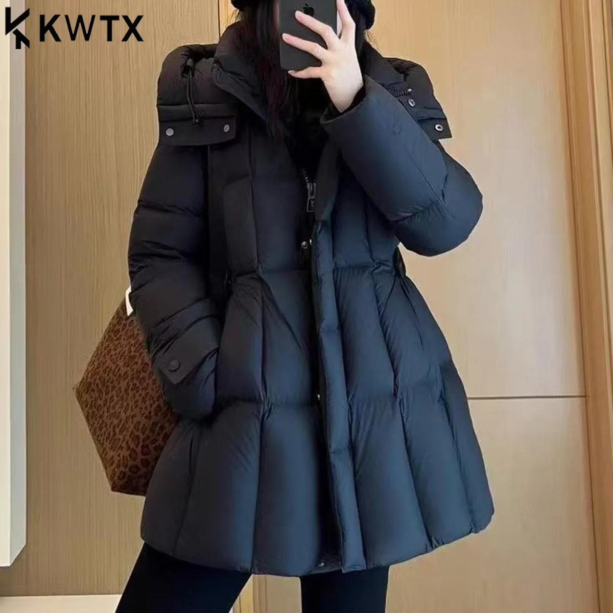 

KWTX Women's Puffer Coat 2025 New Belted Hooded Zipper Warm Elegant Vintage Premium Solid Casual Comfortable Winter Outerwear