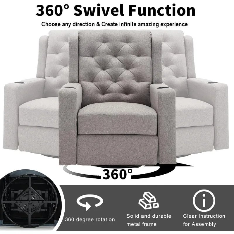 home.330lbs Oversized Swivel Rocker Recliner Chairs Wide Seat Grey Fabric Reclining Rocking Glider Chair with Cup Holders, Heavy