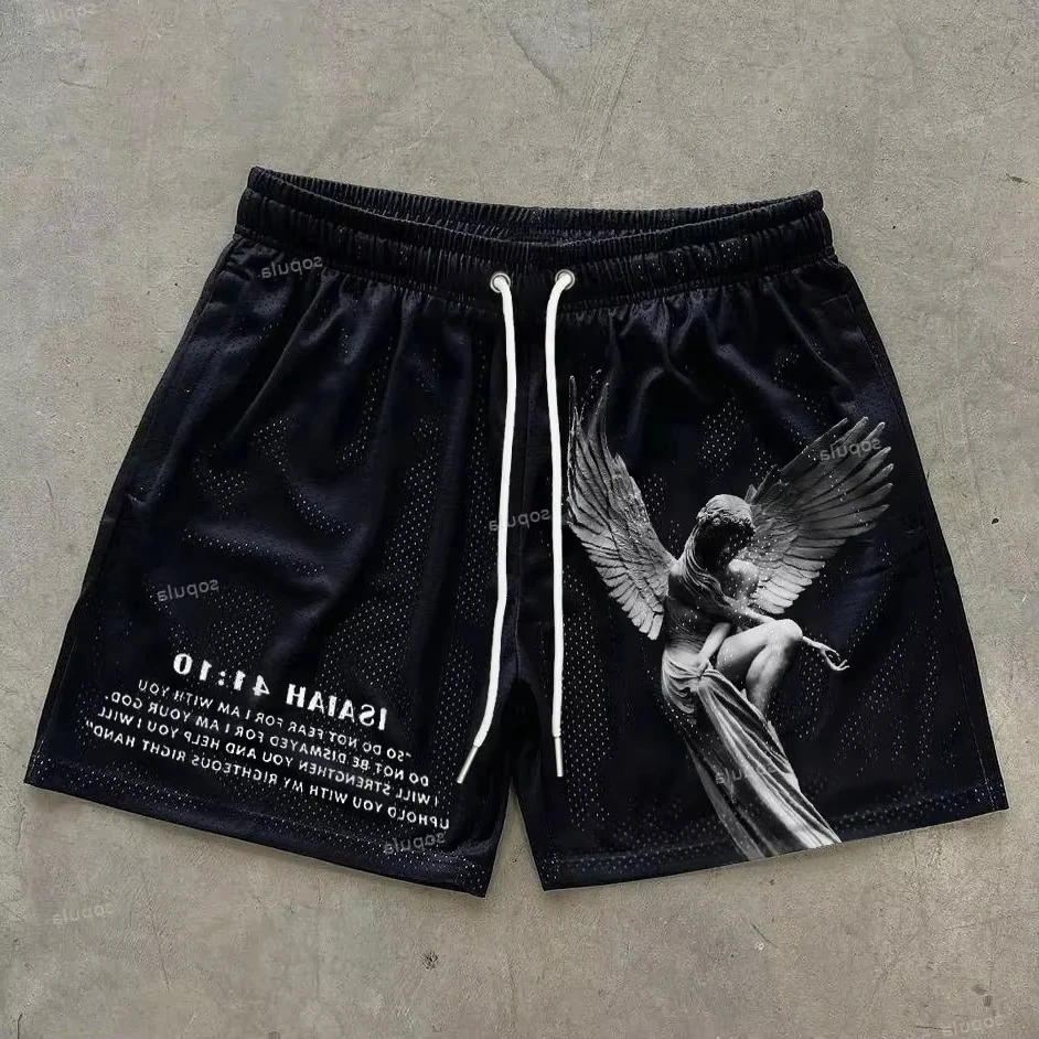 Angel Pattern Print Casual Shorts Summer Street Shorts Sports Training Breathable Fashionable Shorts Quick-Dry Streetwear