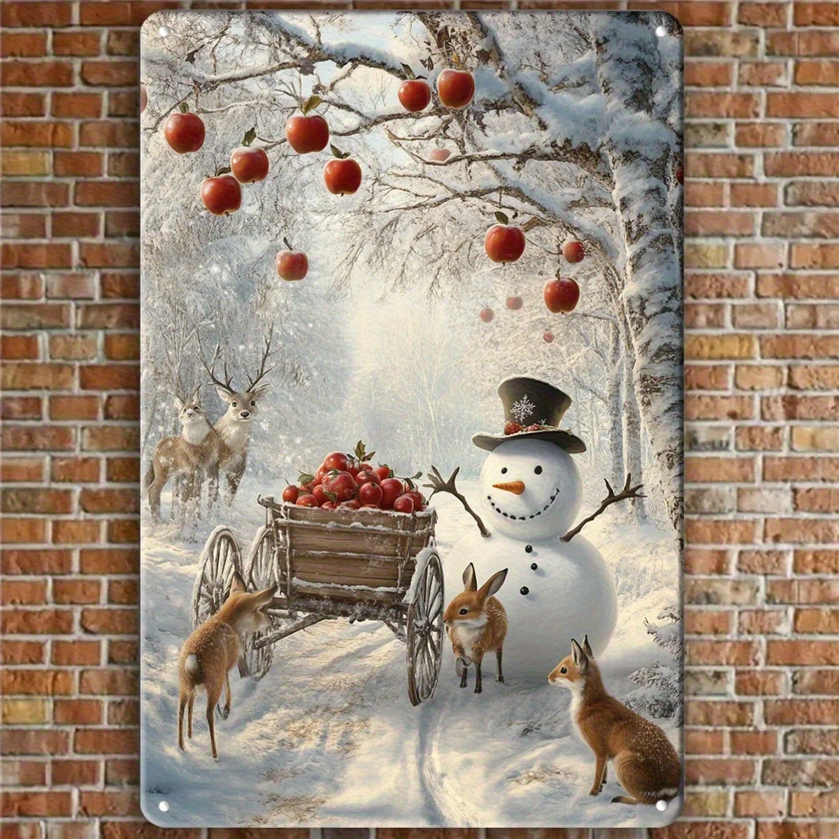 2D Flat 1pc Vertical Tin Plate Painting - Artistic Winter Scene Wall Decoration with Snowman, Apples, and Forest Animals, Perfec