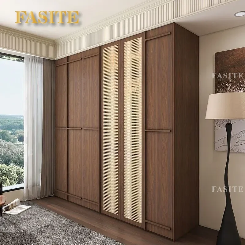 For High-end Retro Walnut Wardrobe with Medieval Rattan Design Bone Line Finish Floor-to-Ceiling Storage for Home Bedroom