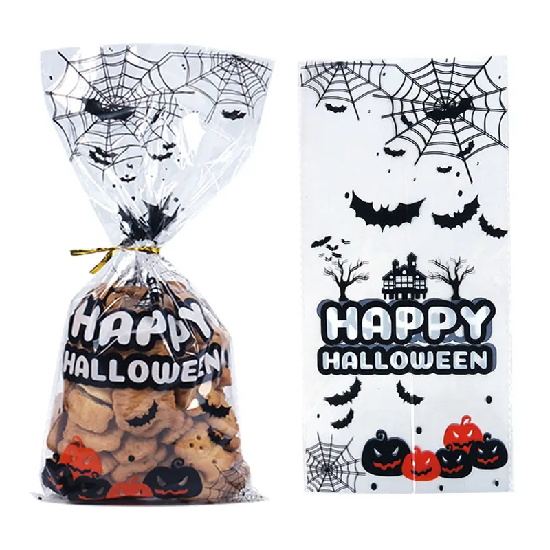 50pcs Halloween Cellophane Treat Bags Ghost Pumpkin Plastic Goodie Candy Bag for Kids Clear Snack Bag Halloween Party Decoration