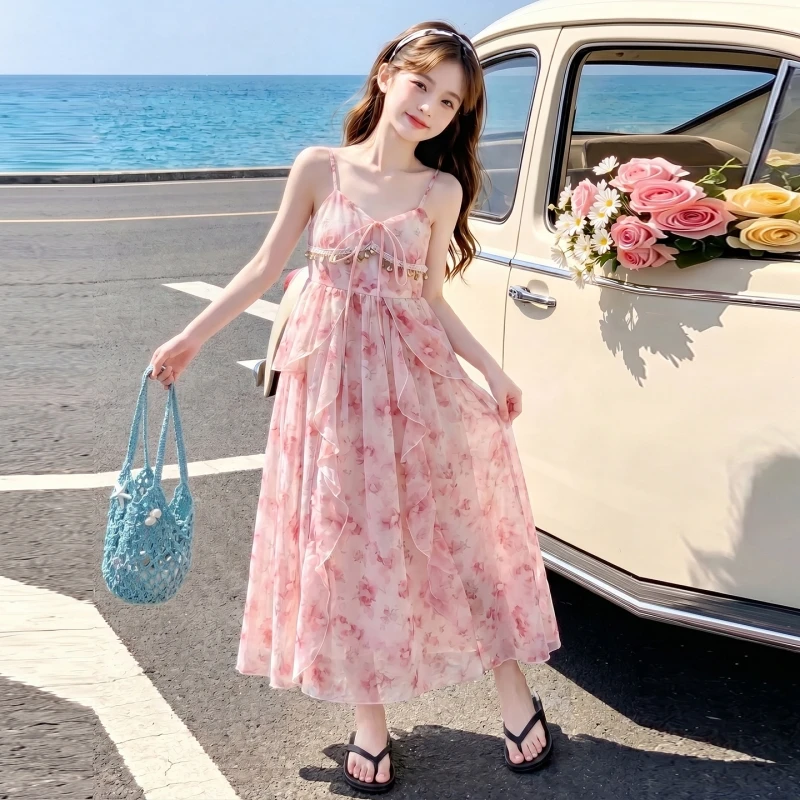 Girls Summer Chiffon Floral Slip Midi Dress Spaghetti Strap Beach Vacation Sundress Kids Casual Floral Long Dress 6-14Y