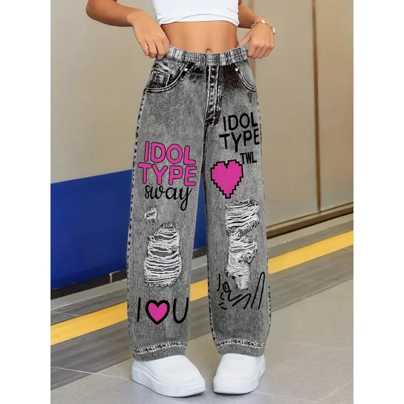 

2025 Girls Hot Sale Y2K Ripped Wide Legs Imitation Jeans - Idol Style Printed Ripped Jeans Imitation Denim Street Style Clothing