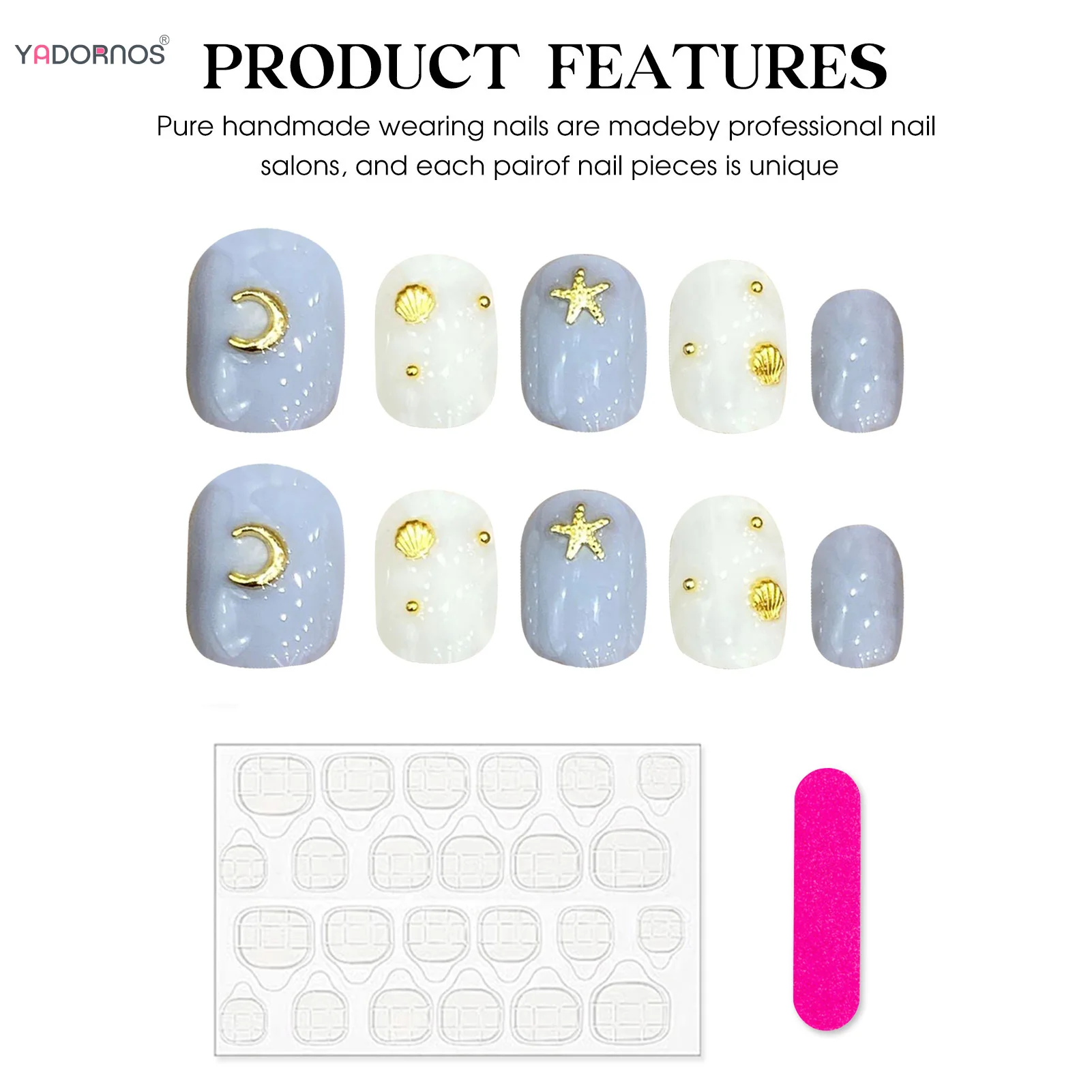 10 Stück weiß blau handgemachte Presse auf Nägeln kurze quadratische künstliche Nägel Stern Mond Designs tragbare Maniküre Nägel Tipps für Frauen Mädchen