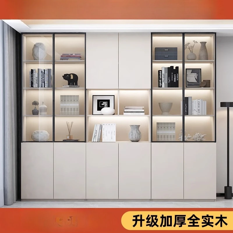 

Solid wood bookcase floor rack dust-proof glass door integrated against the wall simple storage living room display cabinet