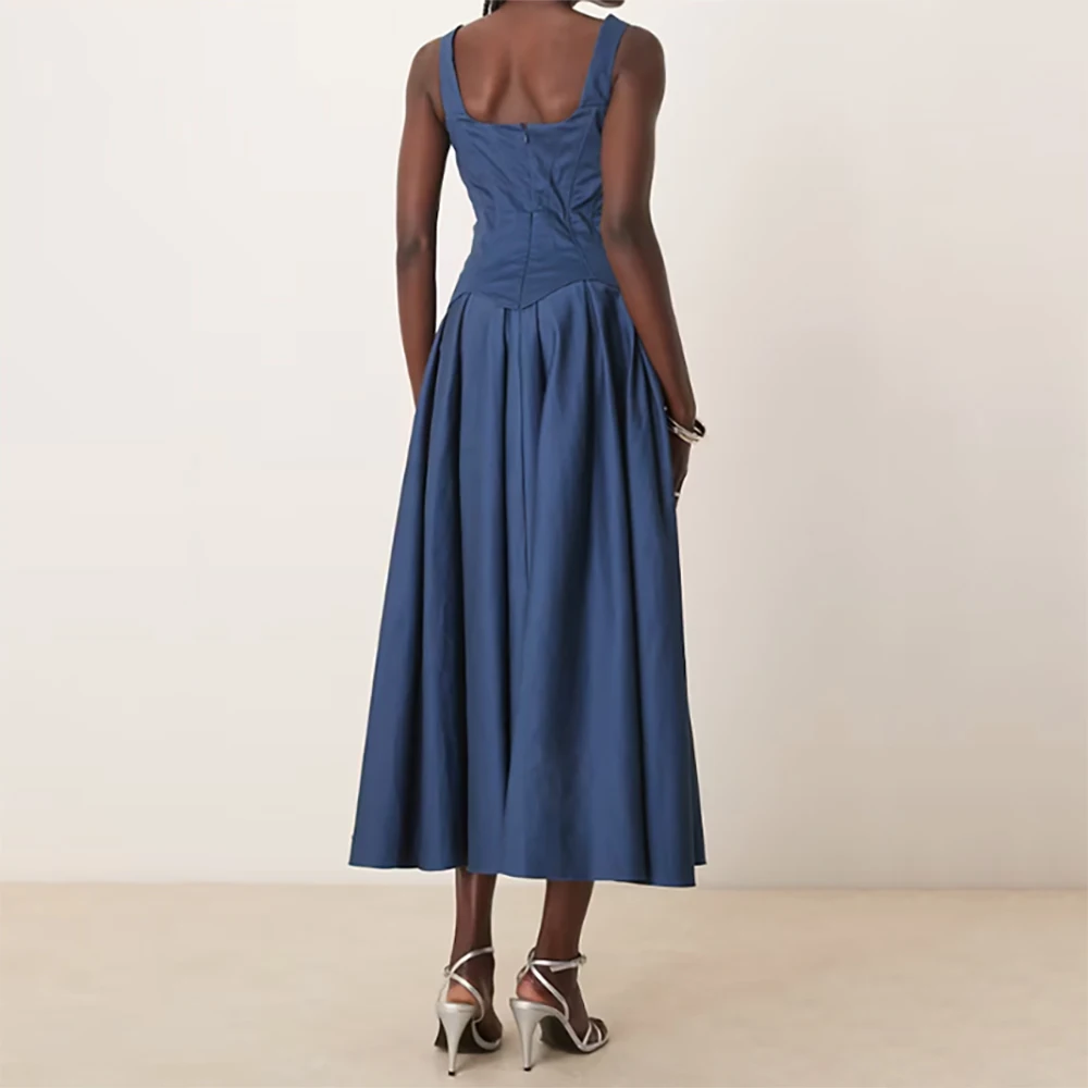 Elegant 2025 Summer Women's Evening Dress Prom Party Dresses Square Neck A-Line Sleeveless Tea Length Formal Wedding Guest Gown