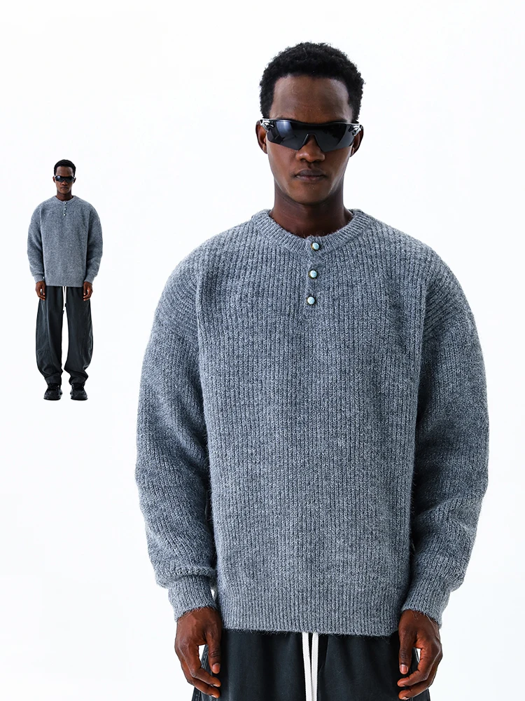 

Мужской свободный вязаный свитер Mmoptop: Весенний трендовый дизайн в японском ретро-стиле с пуговицами, из полиэфирного волокна