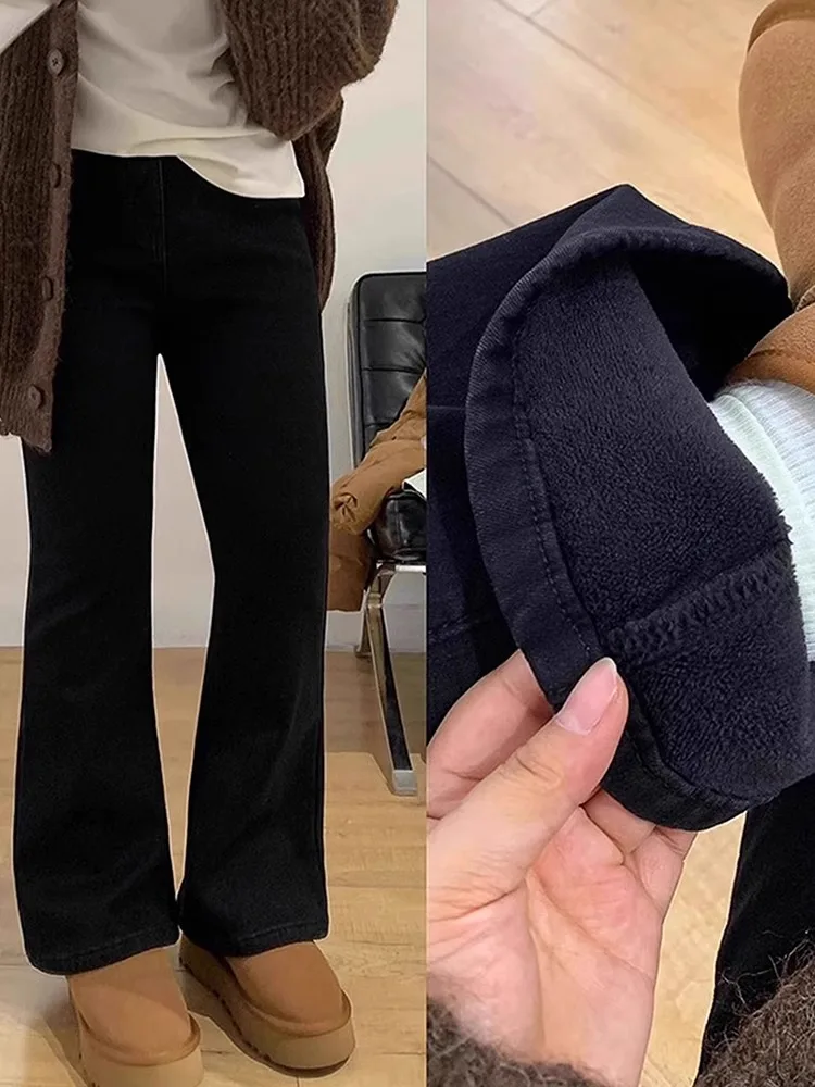 

High Waist Thickened Fleece Women's Jeans Winter Casual Style Slim Fit Bootcut Pants Wear Resistant Long Cotton Polyester Blend