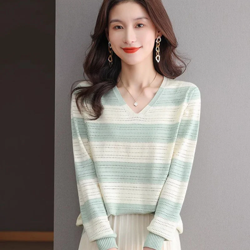 

Женский полый тонкий вязаный топ с v-образным вырезом, свободный пуловер, модный базовый свитер