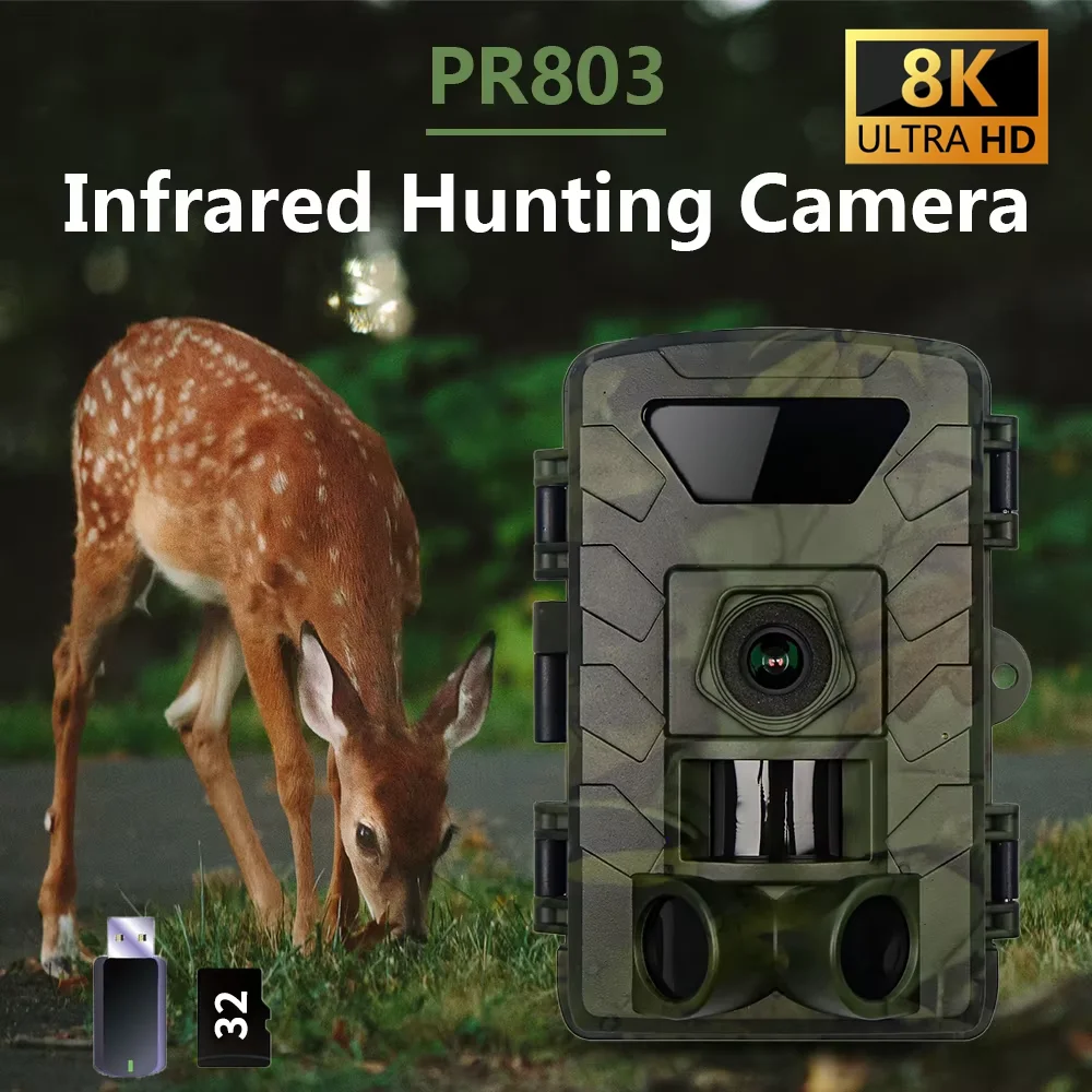 60MP 8K Wildlife Tracking Camera Garden Track Camera Camping Outdoor Gear, 32G Card and Card Reader