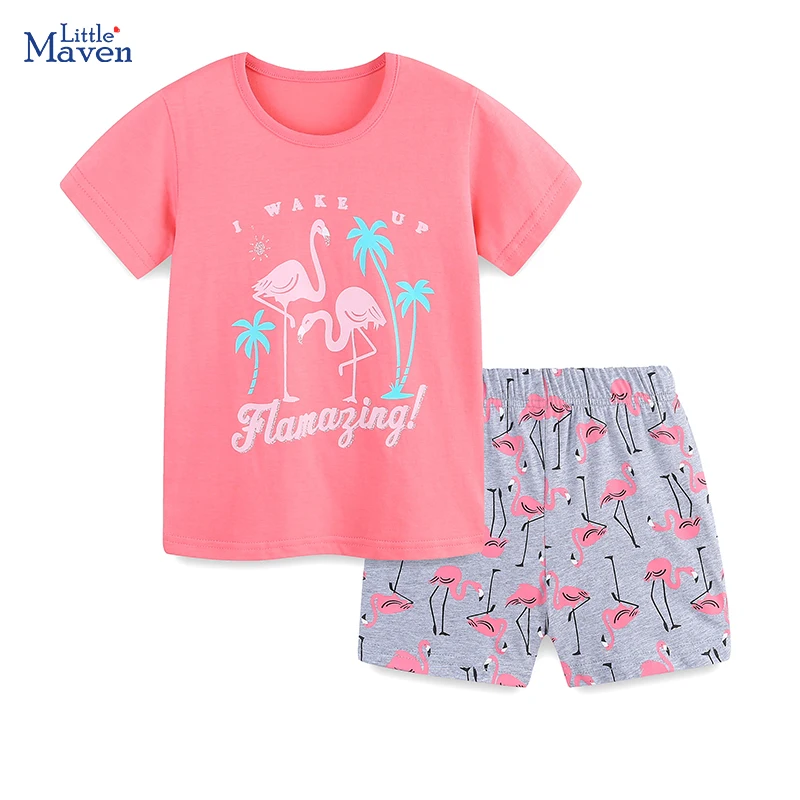 Little maven 2025 Summer Children's Clothing Kids Clothes Baby Girls Tracksuit Cotton Sets Cartoon Flamingo T Shirts Tops+Pants