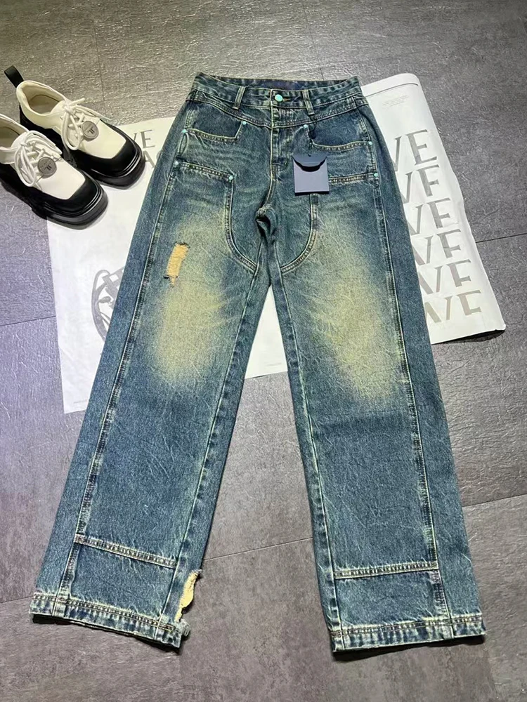 

Vintage wash wear broken bright thread decoration high-waisted jeans 2024 autumn women's new fashion all straight pants