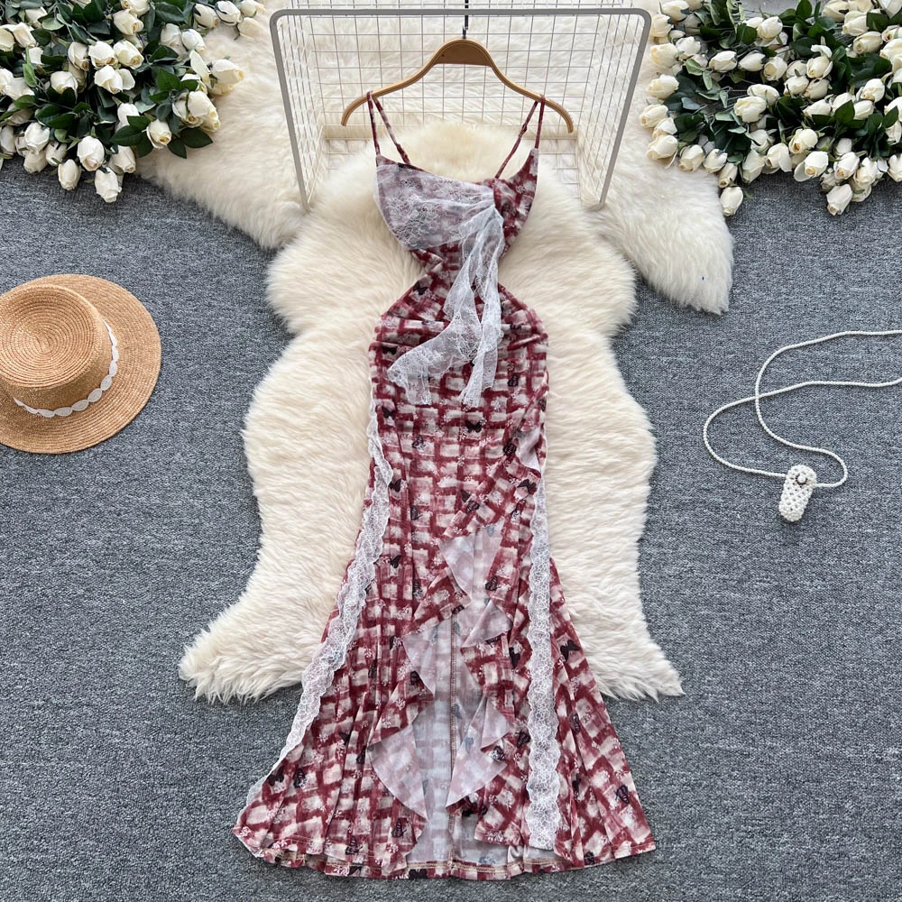 Chic vintage Sexy stampa in pizzo diviso sottile Elegante Fata Estate moda coreana Boho Vestito estivo abbigliamento donna Abito lungo