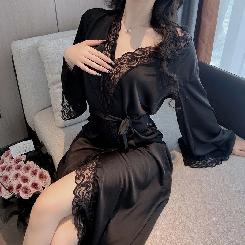 1 Piece Women's Underwear Ice Silk Satin Robe Pajamas Plus Size Nightgown Stylish Lace Trim Homewear Soft Skin Friendly