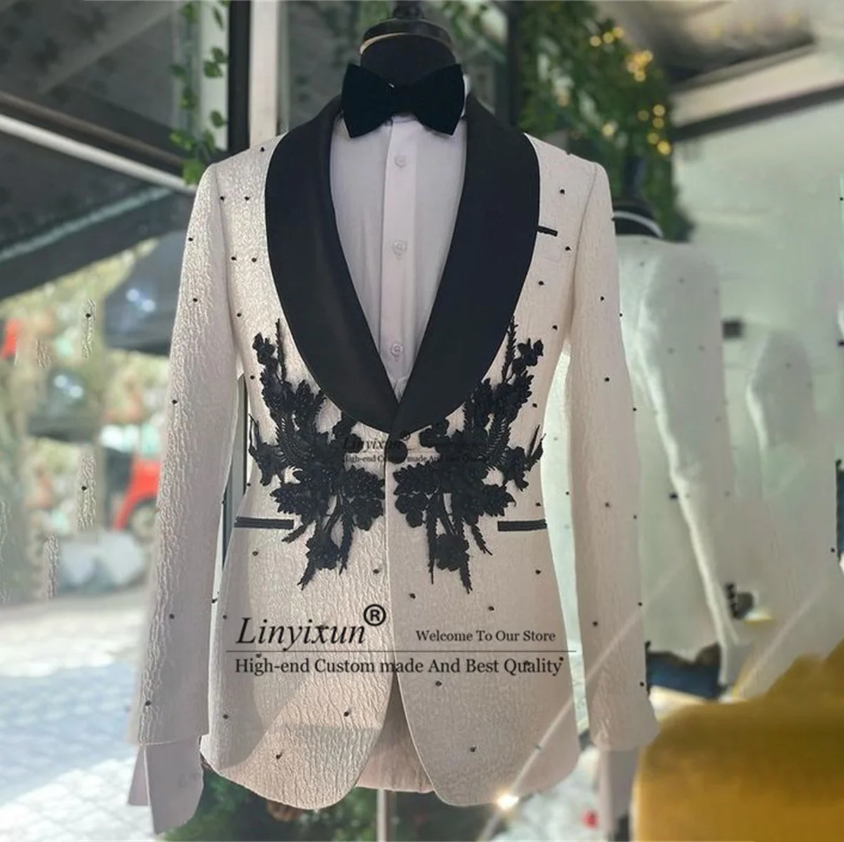 

Elegance Appliques Beaded White Tuxedo Men Suits 3 Pieces Dinner Party Blazer Slim Fit Business Male Terno Masculino Completo