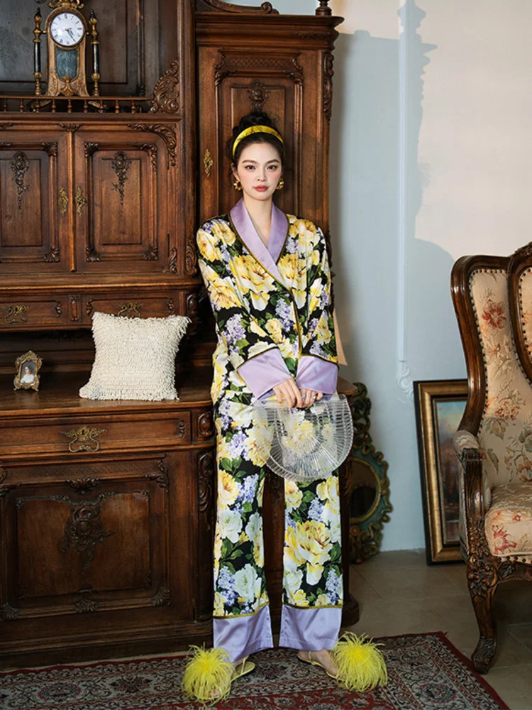 TXii Flower Lapel Long Sleeve Pajamas Suit Spring and Autumn High-end Sense Classical Luxury Outfit