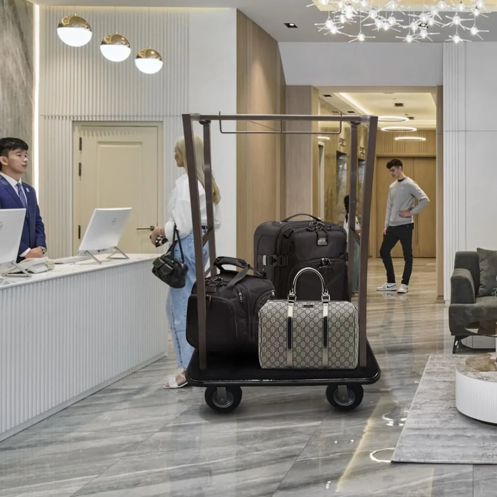

Hotel Luggage Cart, Premium Quality Stainless Steel, Full Wrap-Around Bumper, 1.25in Tubing, 8in Inflatable Wheels