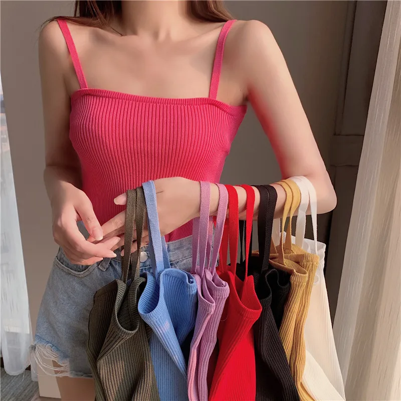 Summer Knitting Thin Camis Girls Simple Base Sleeveless Tee shirts High Stretchy Camisole Crop Top For Women