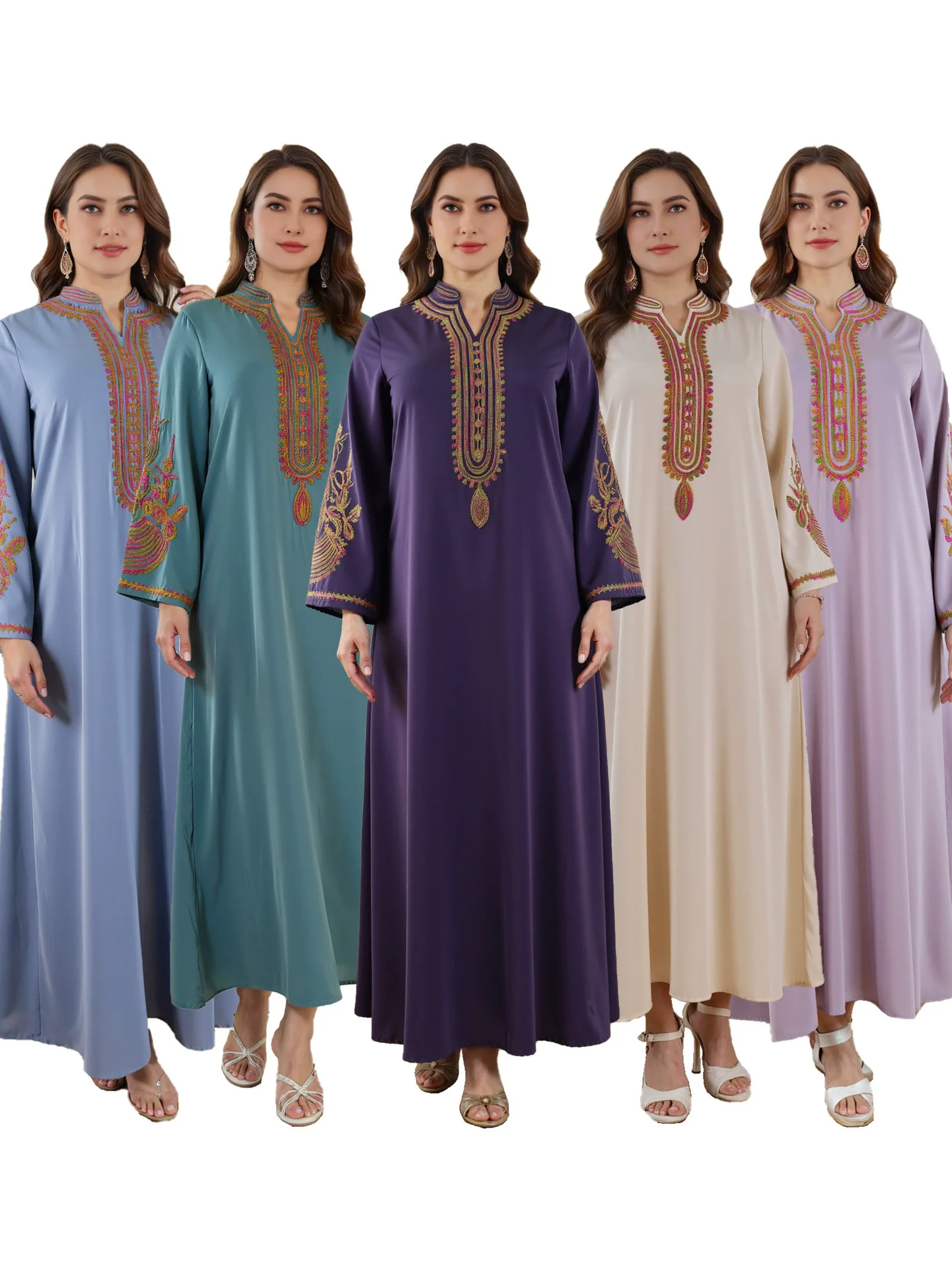 

Middle Eastern Muslim Embroidered Abaya Women Rope Dubai Arabic Evening Dresses Long Sleeves Elegant Party Gowns Robe