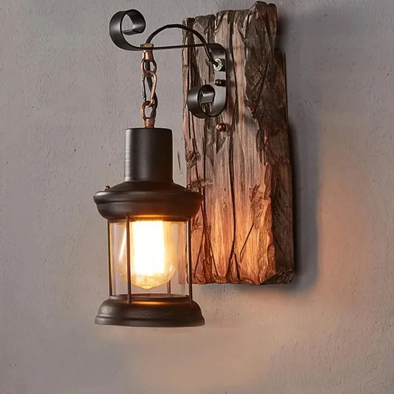 Antique New Style Industrial Wood Wall Sconce Light Rustic Wall Lamp Decorate Wall Light Iron Metal Art For Bar Loft Corridor