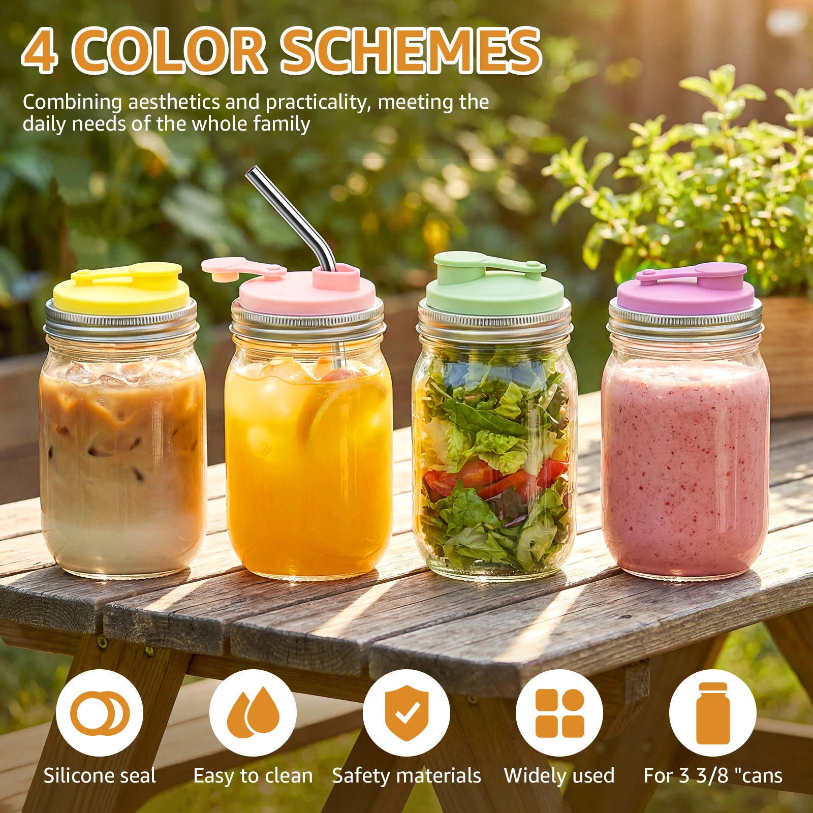 4Pcs 9 cm Mason Jar Lids Silicone and Stainless Steel Leak Proof Flip Top Drinking Cover with Straw Hole Wide Mouth Canning Lids