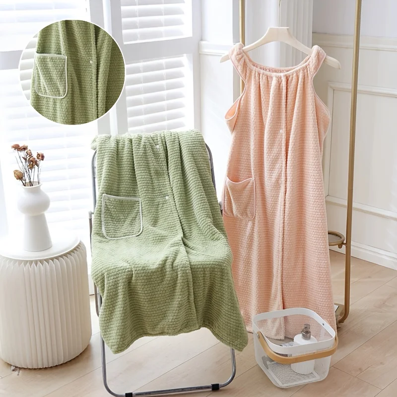 1pcs Beige Coral Fleece Polyester Wearable Bath Wrap Sleeveless Front Button Pocket Quick Dry Shower Bath Dress