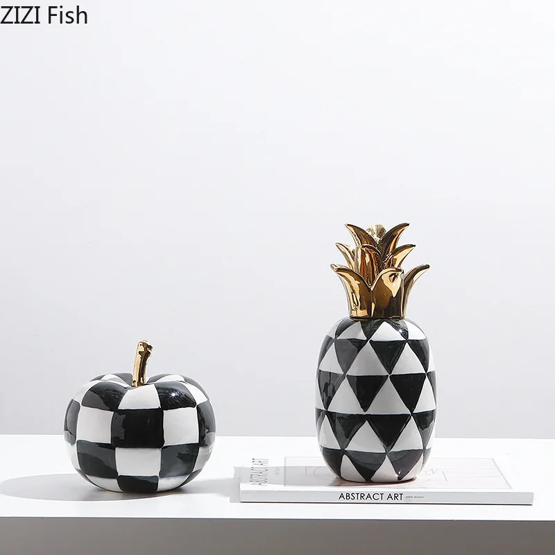 Black and White Texture Pineapple Ceramic Fruits Statue Desk Decoration Porcelain Apple Sculpture Ornaments Room Aesthetic Decor