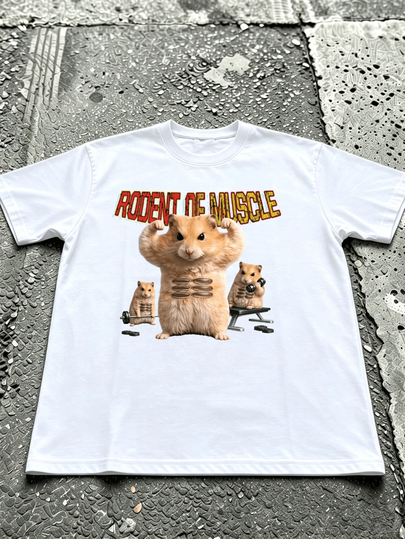 Men's T-shirt with a fun graphic—muscular hamster gym workout design; casual summer wear  vintage t shirt shirts for men