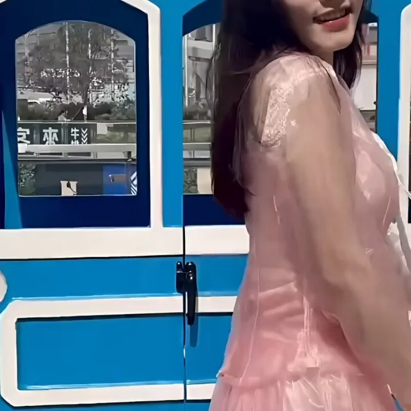 Women Pink Japan School Jk Uniform Sexy See Through Organza Glossy Shirt Tie Skirts Set Cos Cross-dressing Party Club Suit